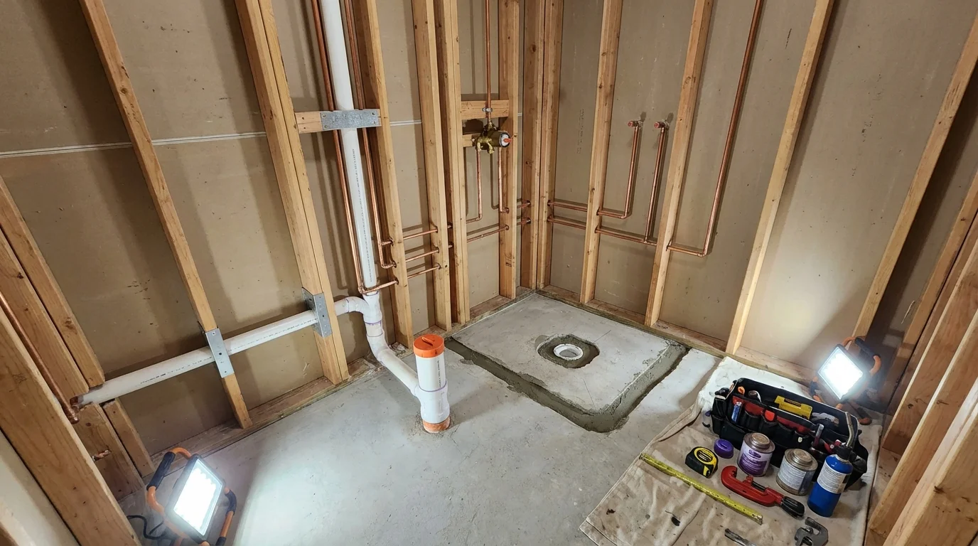 Bathroom rough-in plumbing during remodel by Johns Plumbing LLC in Mountain Grove