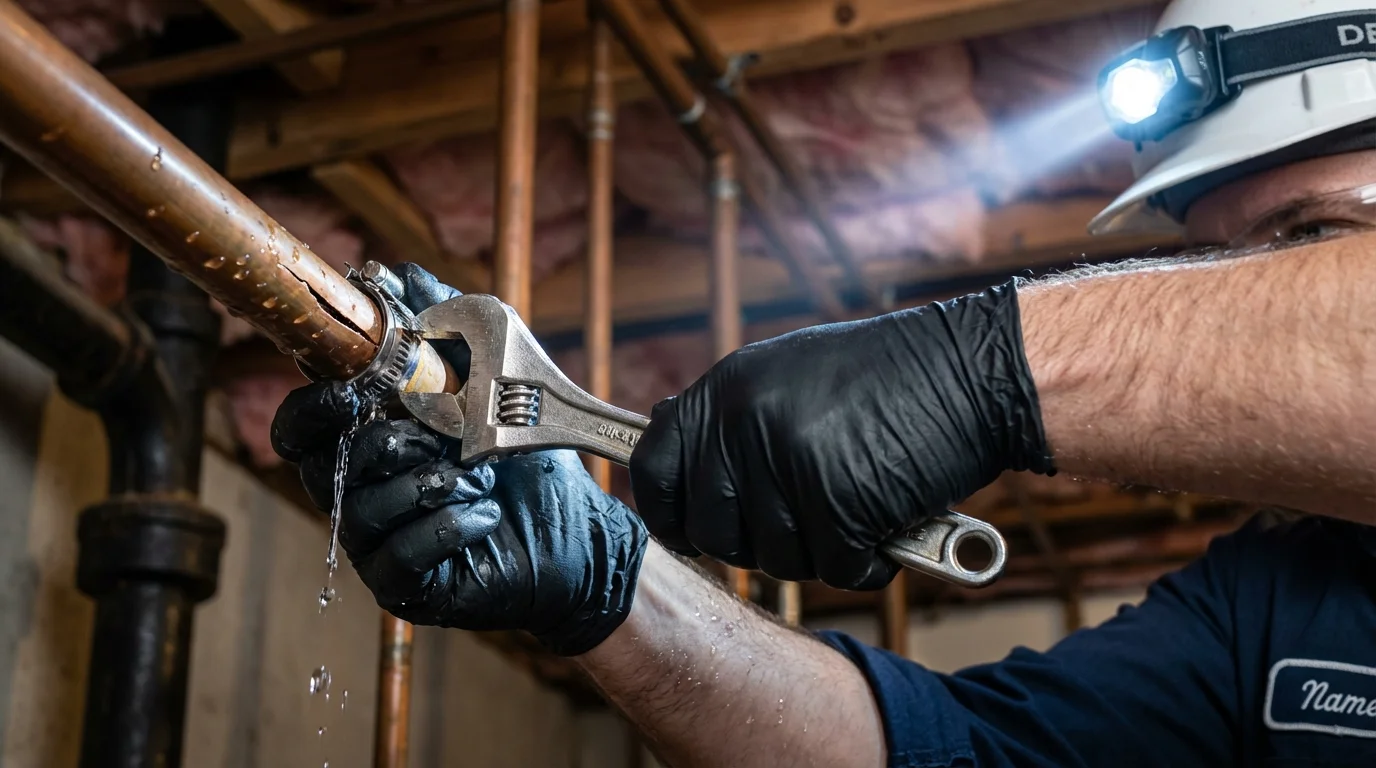 Emergency pipe clamp repair being performed by a Johns Plumbing LLC plumber in Mountain Grove