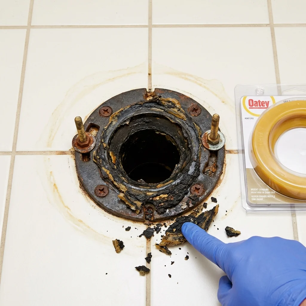 Failed wax ring showing water seepage at the base of a toilet in a Mountain Grove, MO home