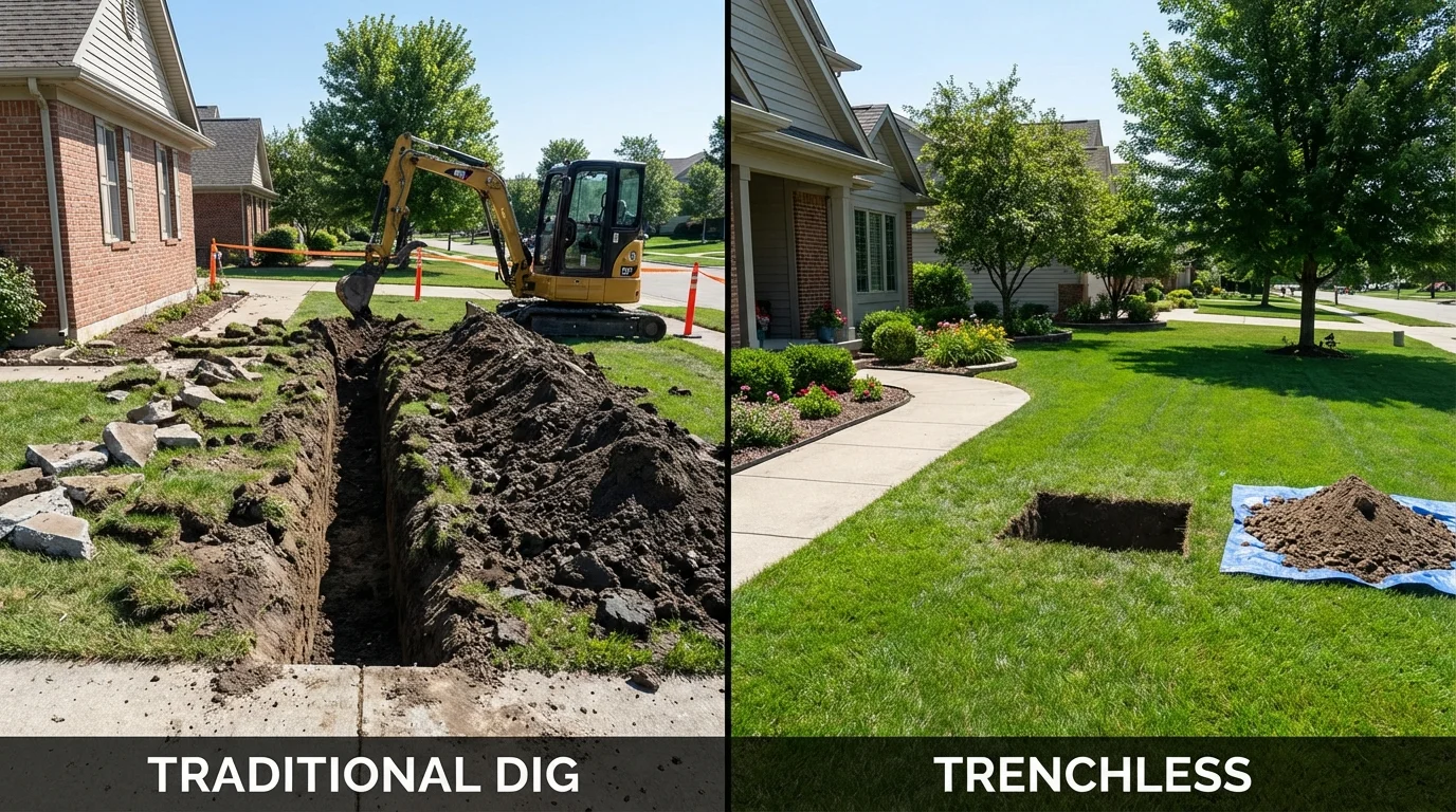 Trenchless sewer repair with minimal yard damage versus traditional excavation in Mountain Grove, MO