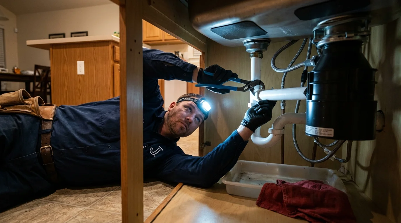 P-trap and supply line connections under a kitchen sink showing a common leak point in Mountain Grove, MO